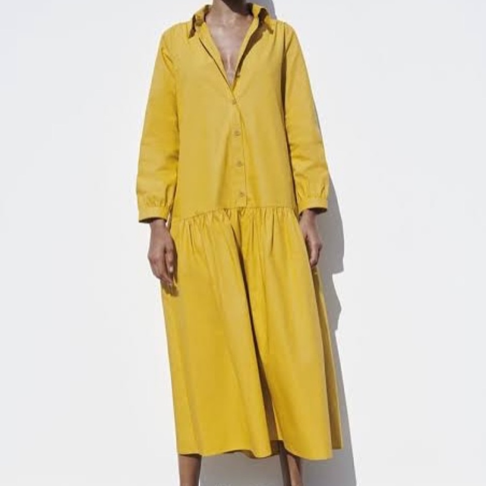 ZARA MUSTARD COTTON POPLIN MIDI DRESS WITH POCKETS